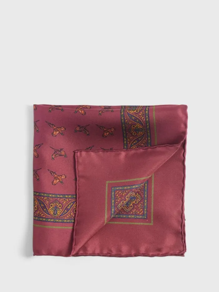 Pocket Squares Mens Paul Stuart Silk Deco Stripe And Bird Print Pocket Square Burgundy