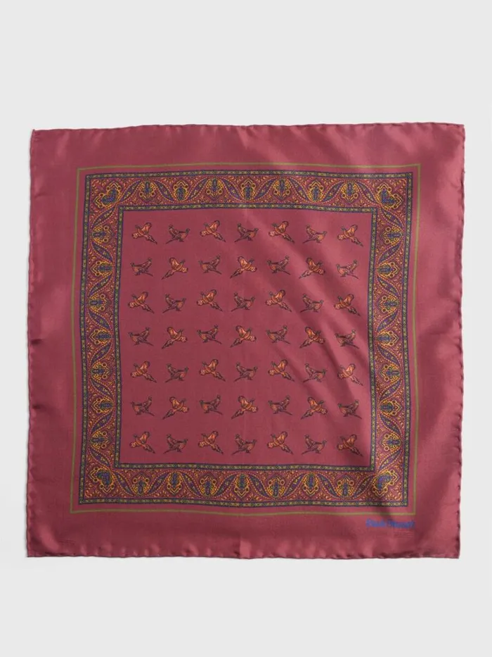 Pocket Squares Mens Paul Stuart Silk Deco Stripe And Bird Print Pocket Square Burgundy