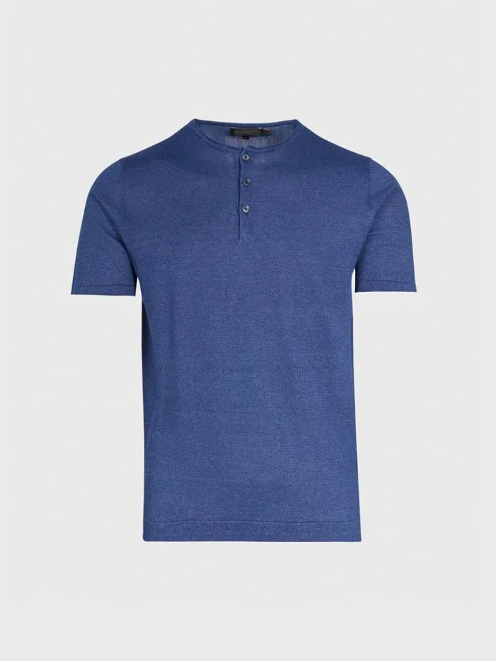 Polos and TShirts Mens Paul Stuart Linen and Cotton Henley Shirt Denim Blue