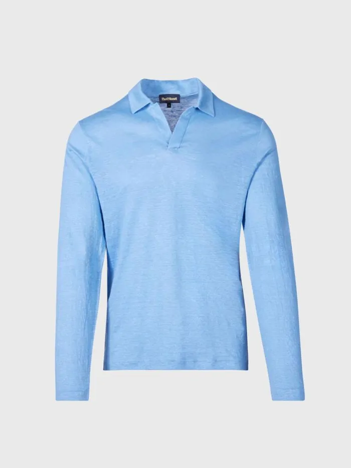 Polos and TShirts Mens Paul Stuart Long Sleeve Linen Polo Light Blue