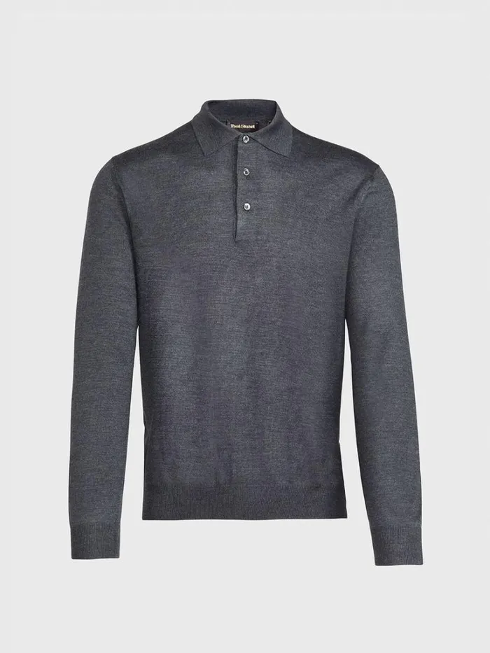 Polos and TShirts Mens Paul Stuart Long Sleeve Merino Wool Polo Shirt Black