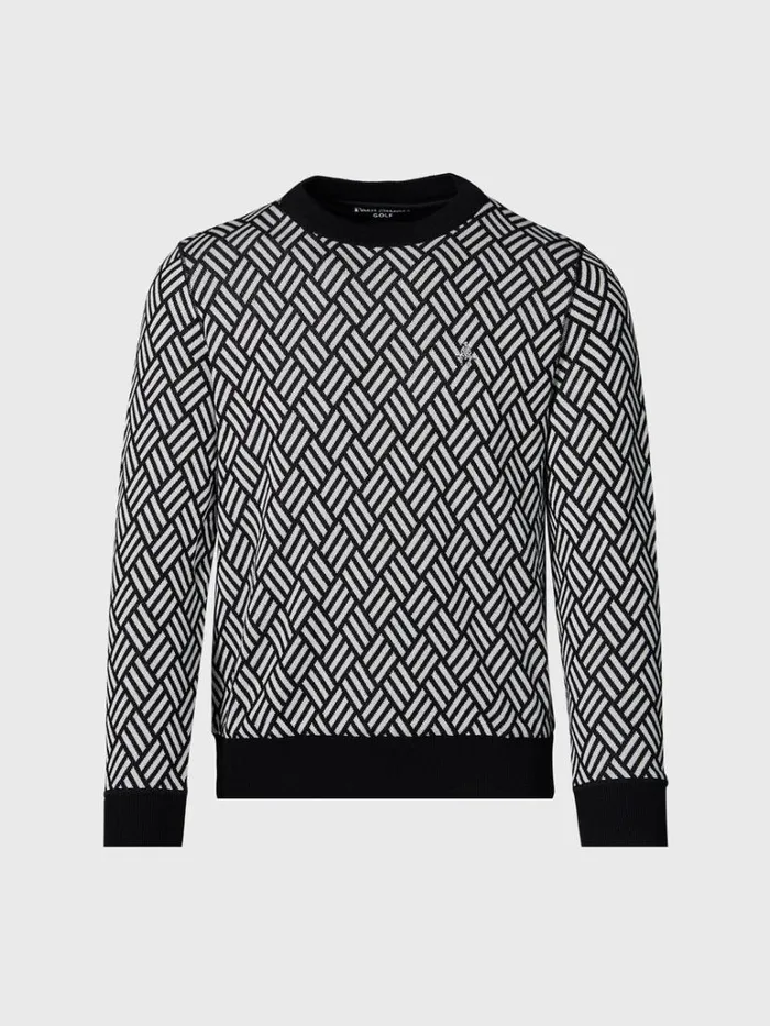 Polos and TShirts Mens Paul Stuart Parquet Pattern JacquardCrewneck Black