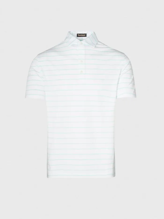 Polos and TShirts Mens Paul Stuart Pencil Stripe On White Ground Performance Polo Medium Blue