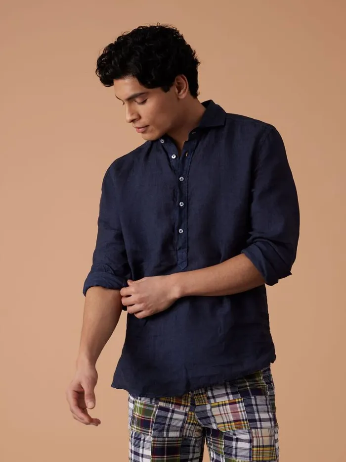 Polos and TShirts Mens Paul Stuart Washed Linen Pullover Shirt Navy