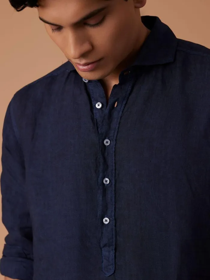 Polos and TShirts Mens Paul Stuart Washed Linen Pullover Shirt Navy
