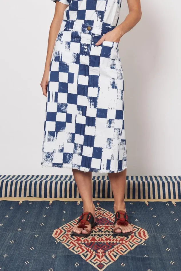 Raquel Allegra Bottoms Women Check Tencel Twill Ice Blue And Midnight Durban Midi Skirt
