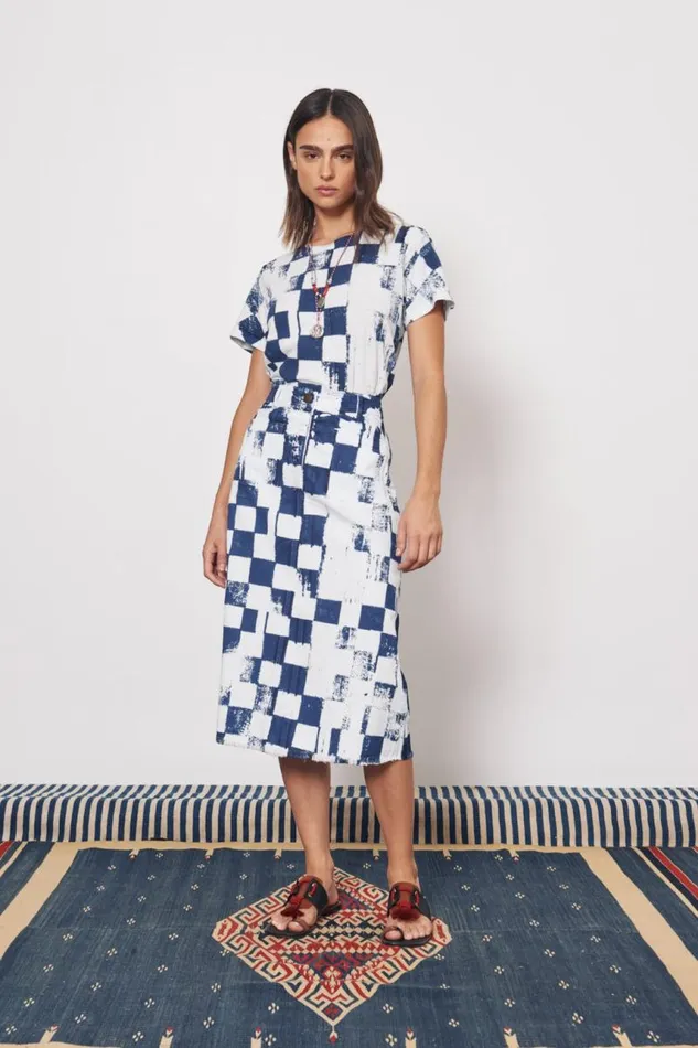 Raquel Allegra Bottoms Women Check Tencel Twill Ice Blue And Midnight Durban Midi Skirt