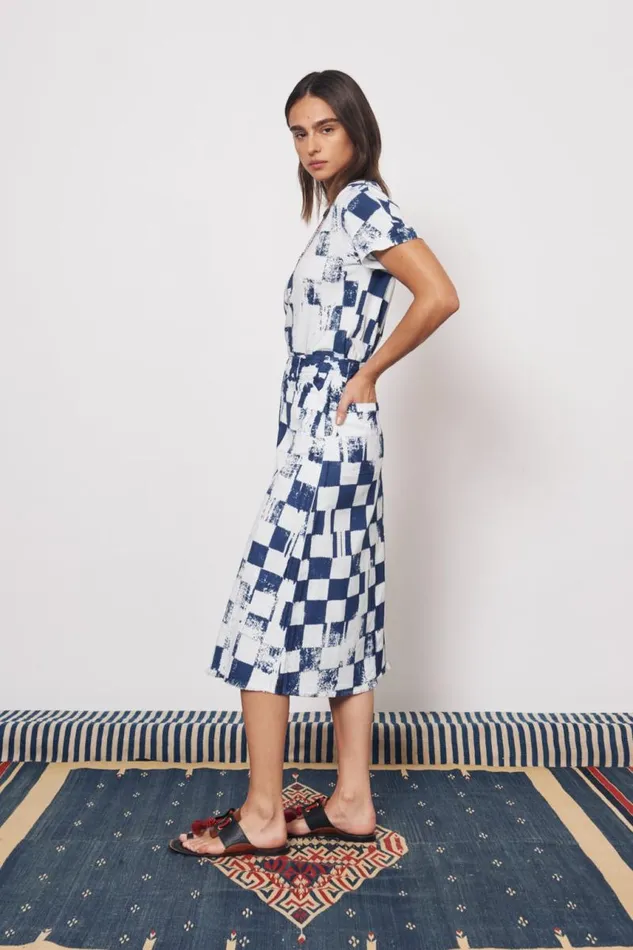 Raquel Allegra Bottoms Women Check Tencel Twill Ice Blue And Midnight Durban Midi Skirt