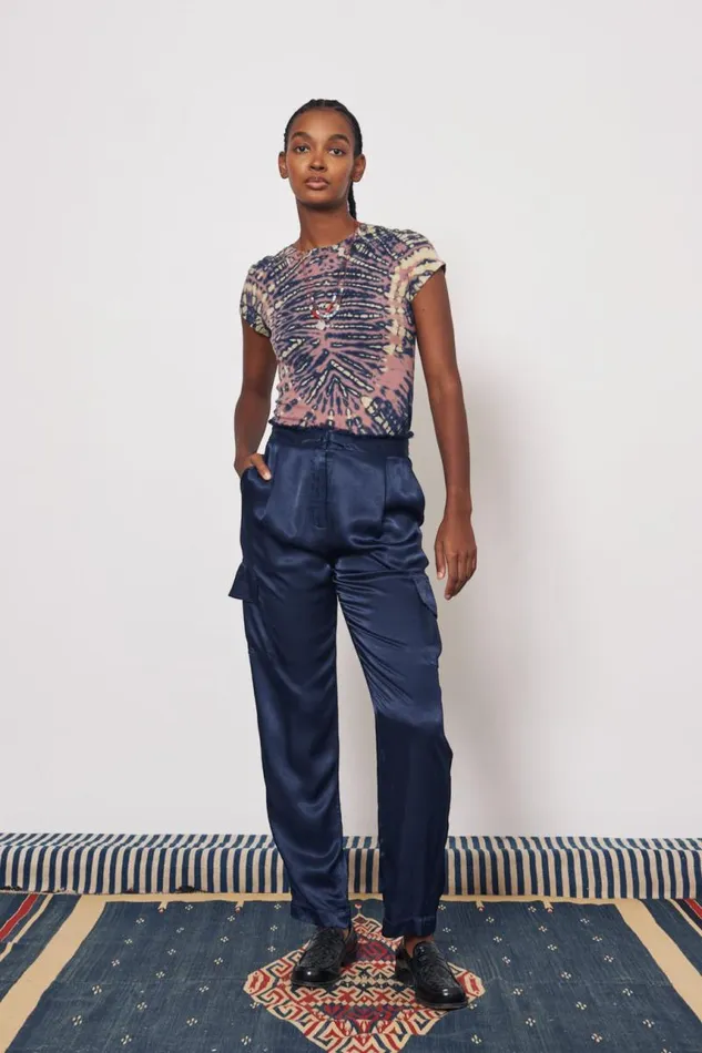Raquel Allegra Bottoms Women Pebble Satin Midnight Carly Pant
