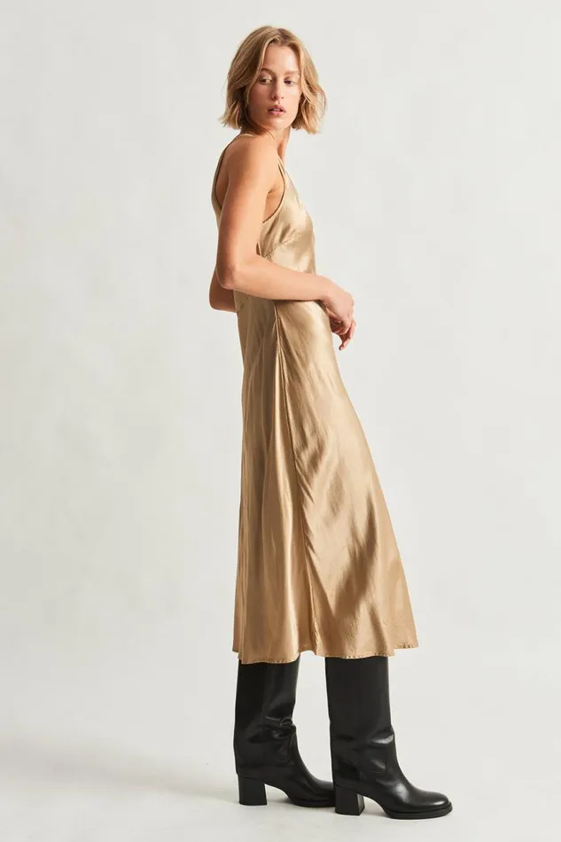 Raquel Allegra Bottoms Women Pebble Satin Sand Valentina Midi Dress