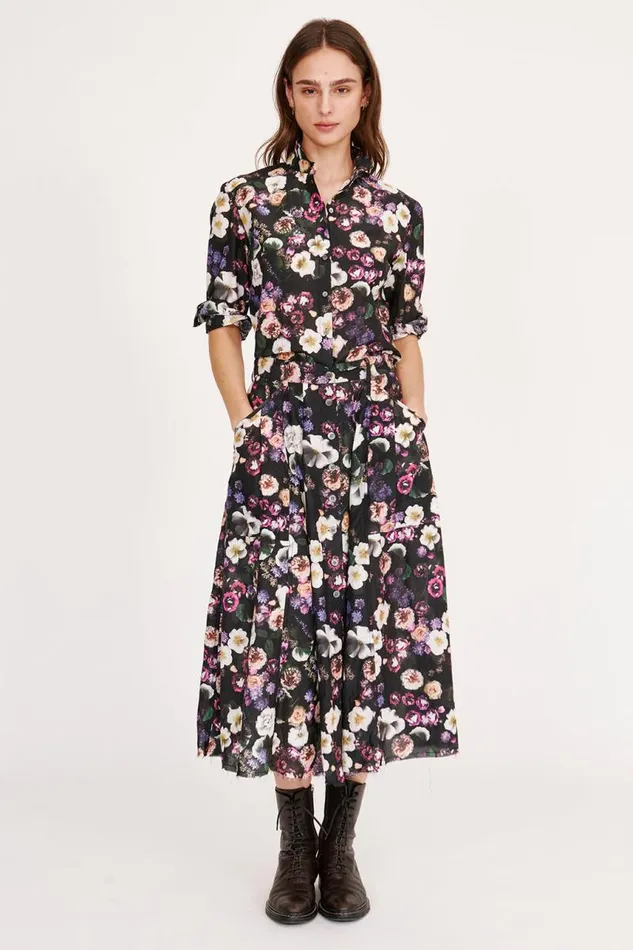 Raquel Allegra Bottoms Women Silk Voile Black Floral Franklin Skirt
