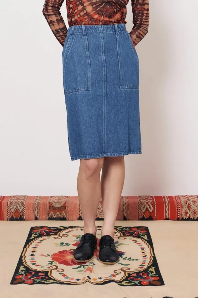 Raquel Allegra Bottoms Women Stone Wash Shona Midi Skirt