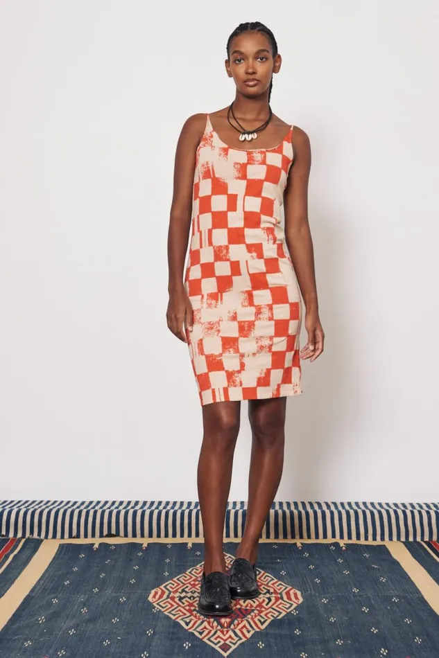Raquel Allegra Dresses Women Check Camel And Tomato Dakar Tank Dress