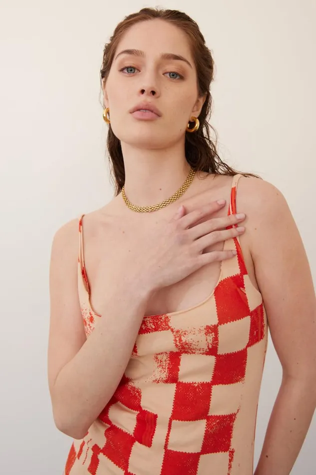 Raquel Allegra Dresses Women Check Camel And Tomato Dakar Tank Dress