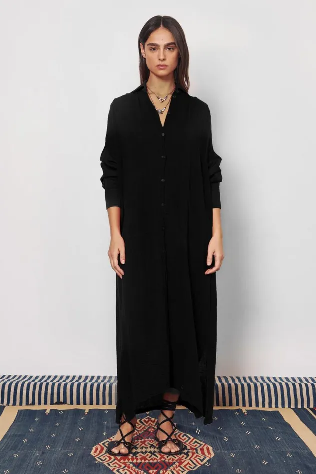 Raquel Allegra Dresses Women Gauze Faded Black Caftan Shirt Dress