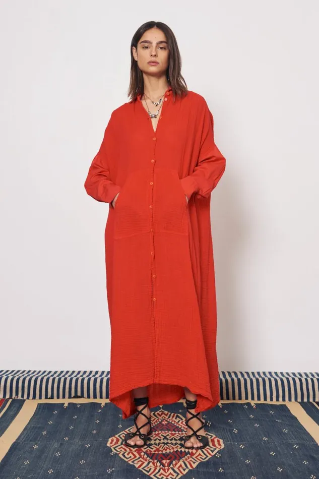 Raquel Allegra Dresses Women Gauze Red Caftan Shirt Dress