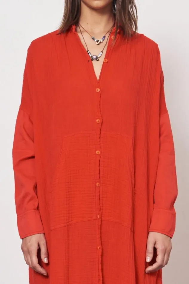Raquel Allegra Dresses Women Gauze Red Caftan Shirt Dress