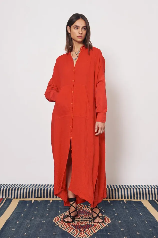 Raquel Allegra Dresses Women Gauze Red Caftan Shirt Dress