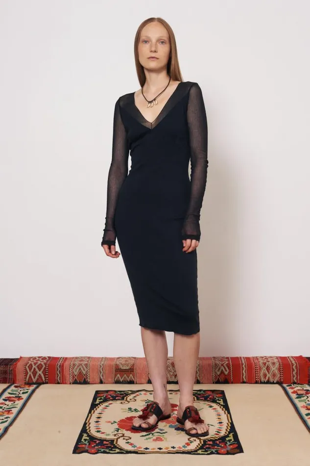Raquel Allegra Dresses Women Mesh Black Long Sleeve Poppy Midi Dress