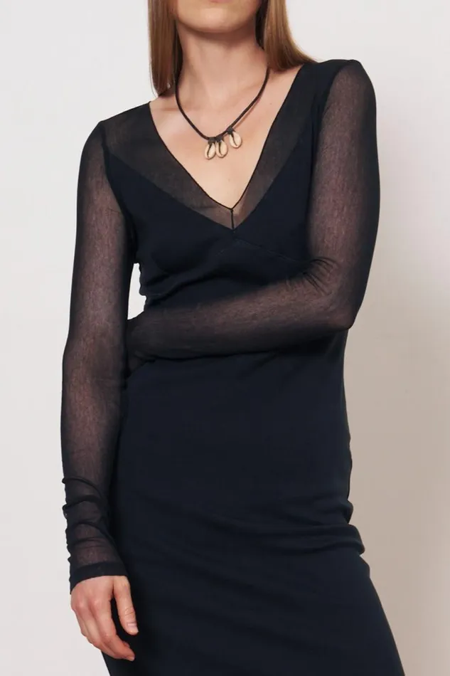 Raquel Allegra Dresses Women Mesh Black Long Sleeve Poppy Midi Dress