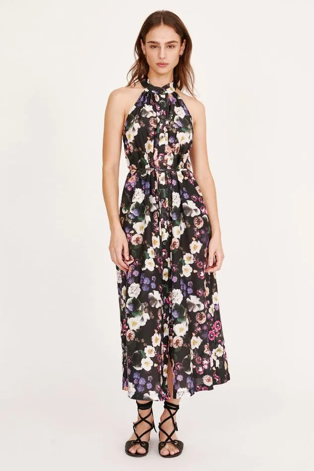 Raquel Allegra Dresses Women Silk Voile Black Floral Halter Midi Dress