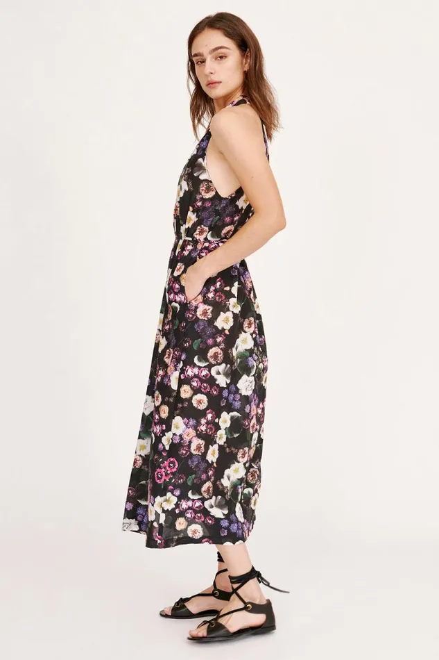 Raquel Allegra Dresses Women Silk Voile Black Floral Halter Midi Dress