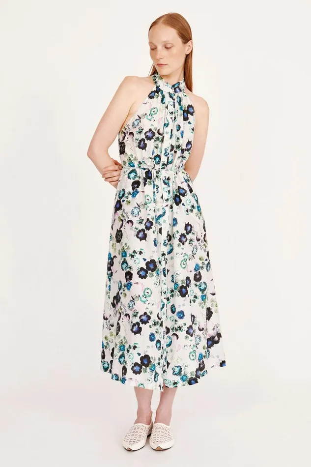 Raquel Allegra Dresses Women Silk Voile White Floral Halter Midi Dress