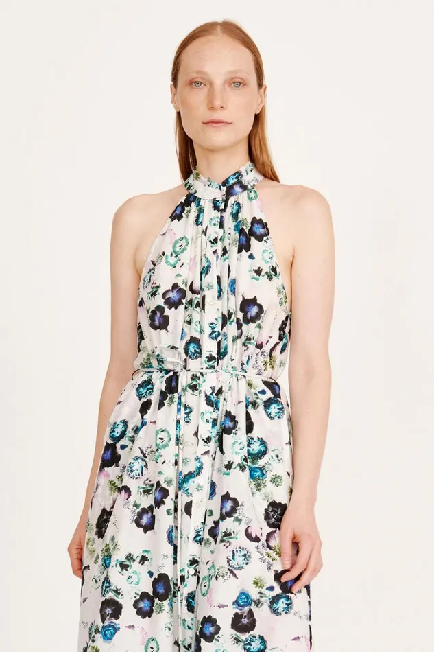 Raquel Allegra Dresses Women Silk Voile White Floral Halter Midi Dress