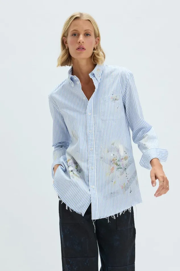 Raquel Allegra Jackets Women Blue Stripe Painter Shirt