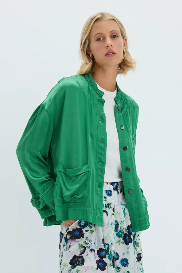 Raquel Allegra Jackets Women Pebble Satin Jade Fountain Jacket