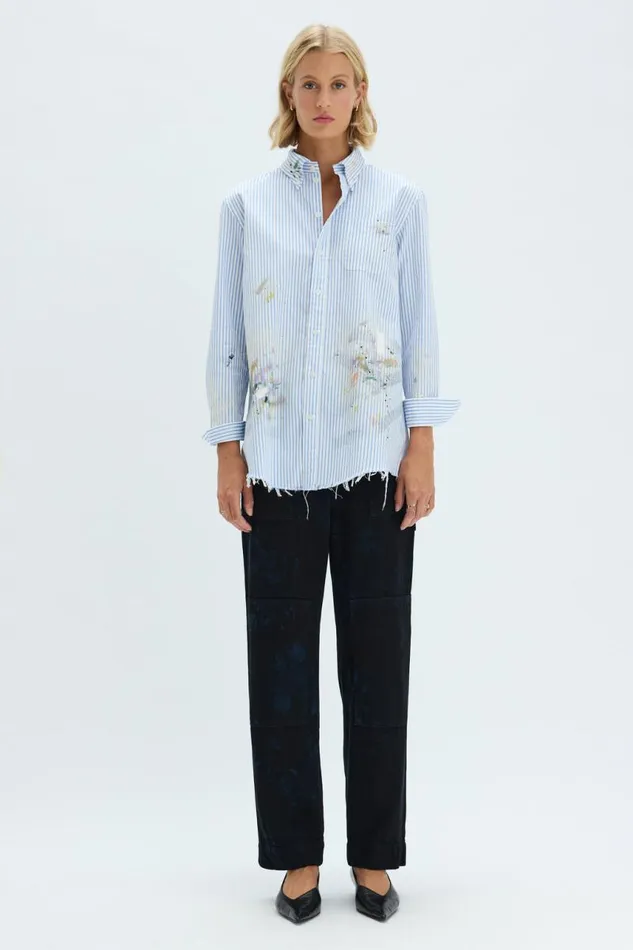 Raquel Allegra Sweaters and Knits Women Blue Stripe Painter Shirt