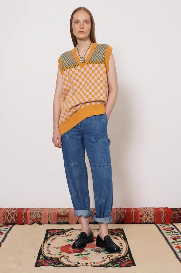 Raquel Allegra Sweaters and Knits Women Check Blue and Gold Sudan Vest