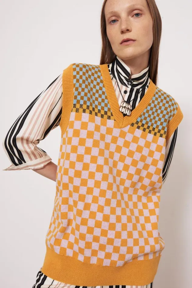 Raquel Allegra Sweaters and Knits Women Check Blue and Gold Sudan Vest