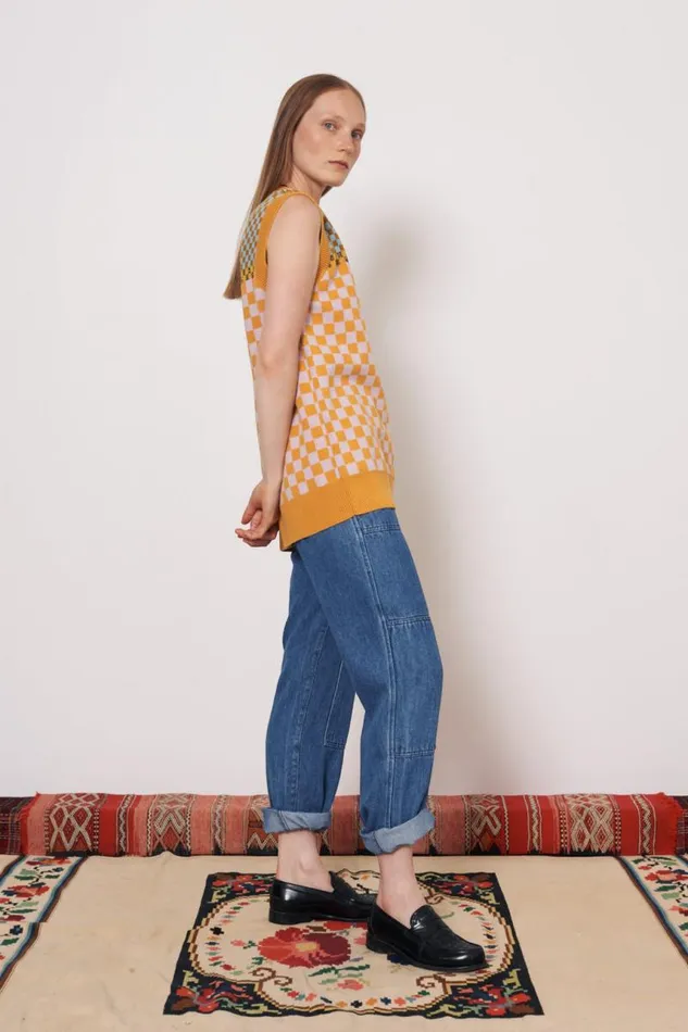 Raquel Allegra Sweaters and Knits Women Check Blue and Gold Sudan Vest