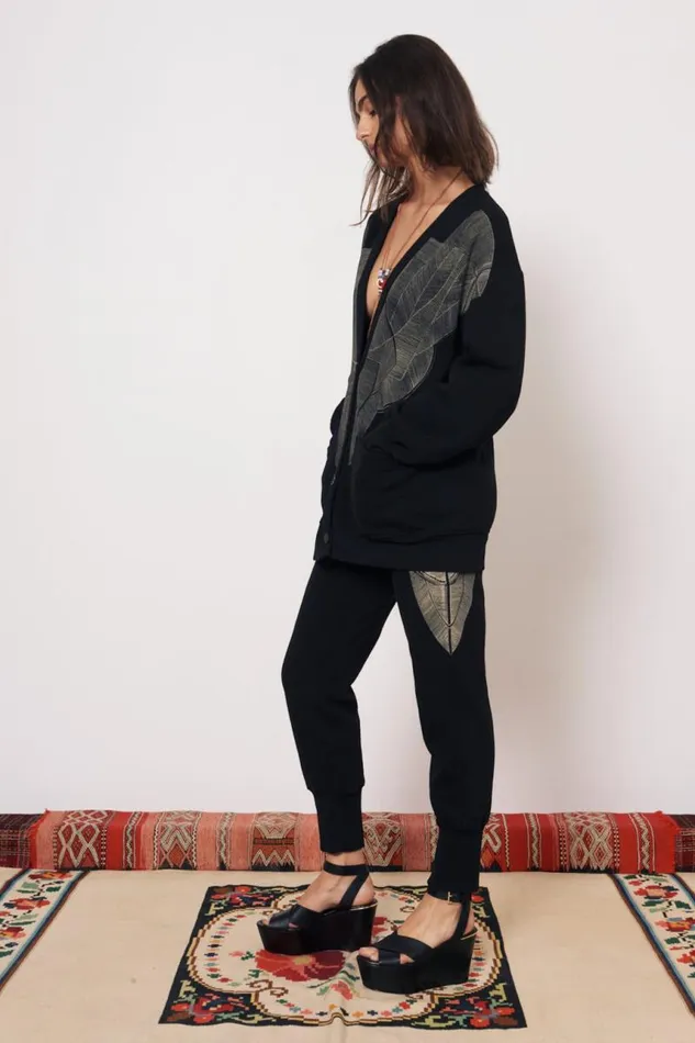 Raquel Allegra Sweaters and Knits Women Vintage Fleece Black Jackie Cardigan