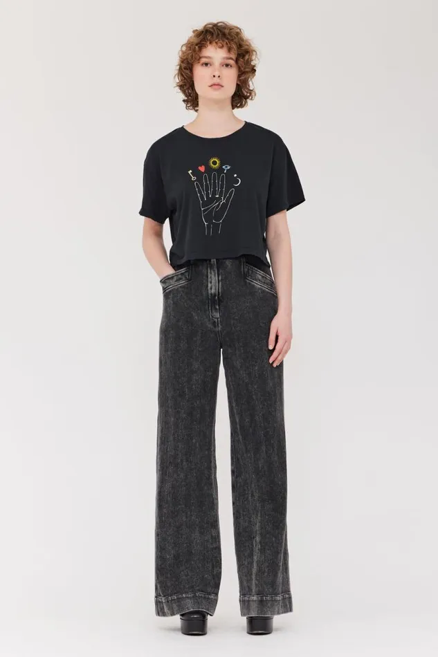 Raquel Allegra TShirts Women Black Cosmic Hand Claudia Top