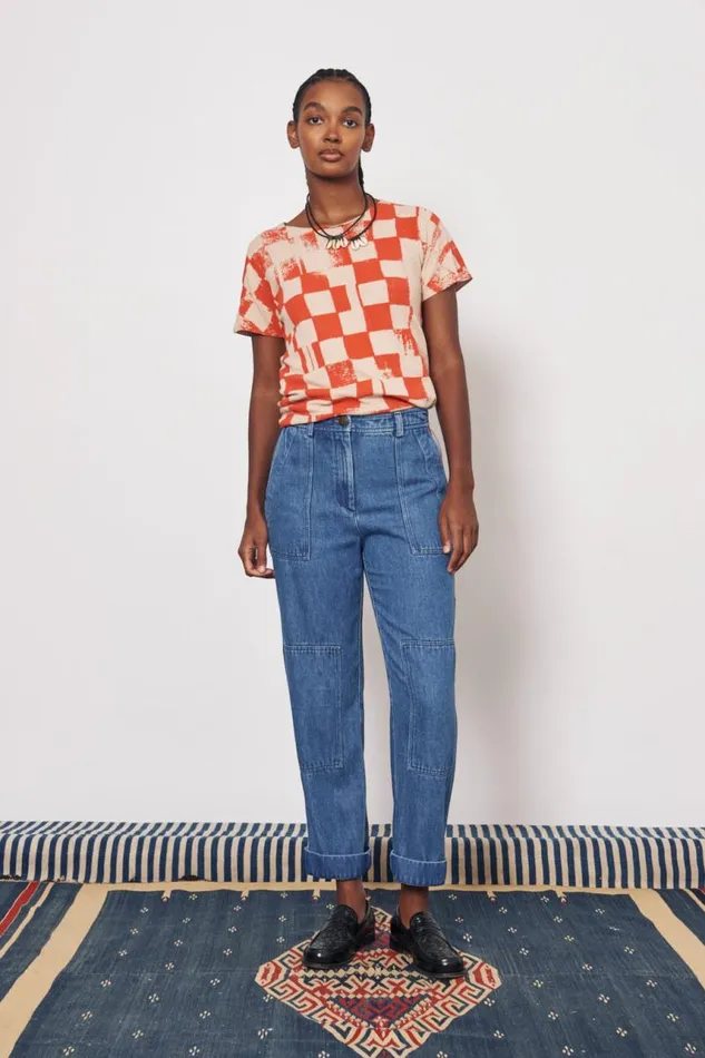 Raquel Allegra TShirts Women Check Camel And Tomato Kibo Tee