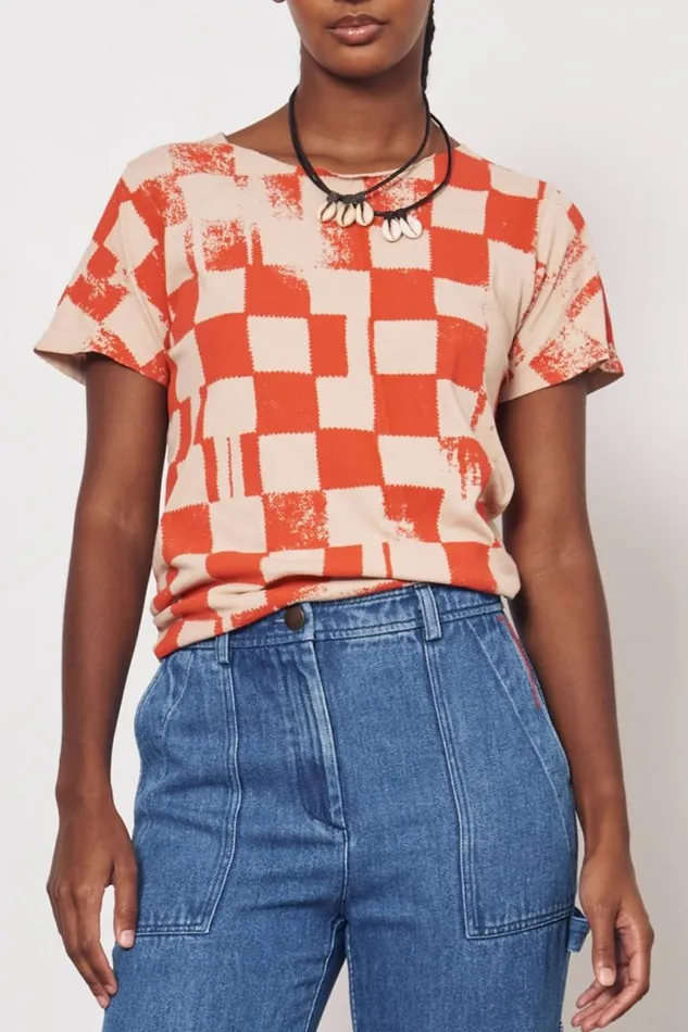 Raquel Allegra TShirts Women Check Camel And Tomato Kibo Tee