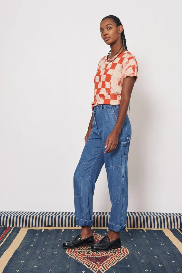 Raquel Allegra TShirts Women Check Camel And Tomato Kibo Tee