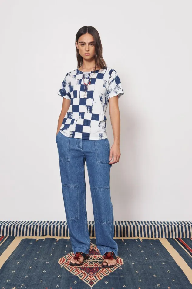 Raquel Allegra TShirts Women Check Ice Blue And Midnight Kibo Tee