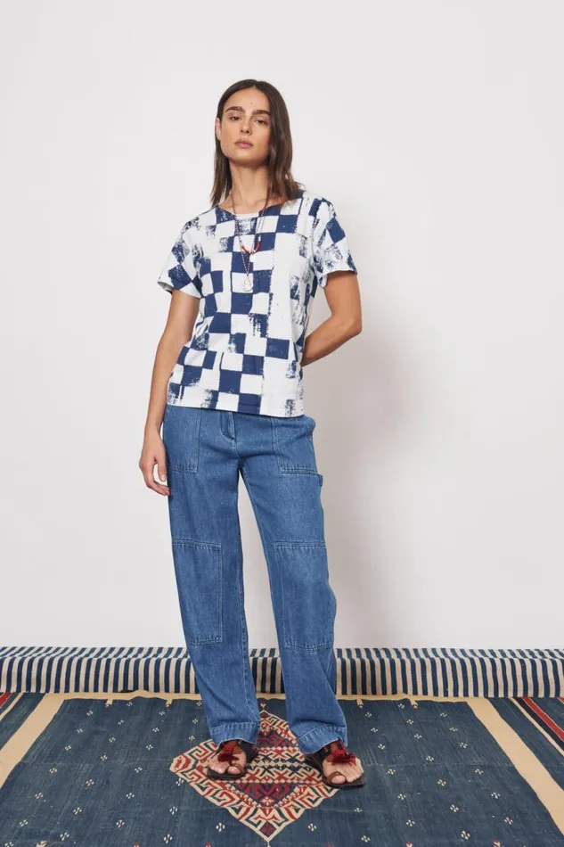 Raquel Allegra TShirts Women Check Ice Blue And Midnight Kibo Tee