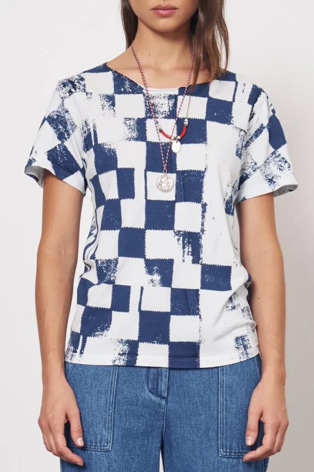 Raquel Allegra TShirts Women Check Ice Blue And Midnight Kibo Tee
