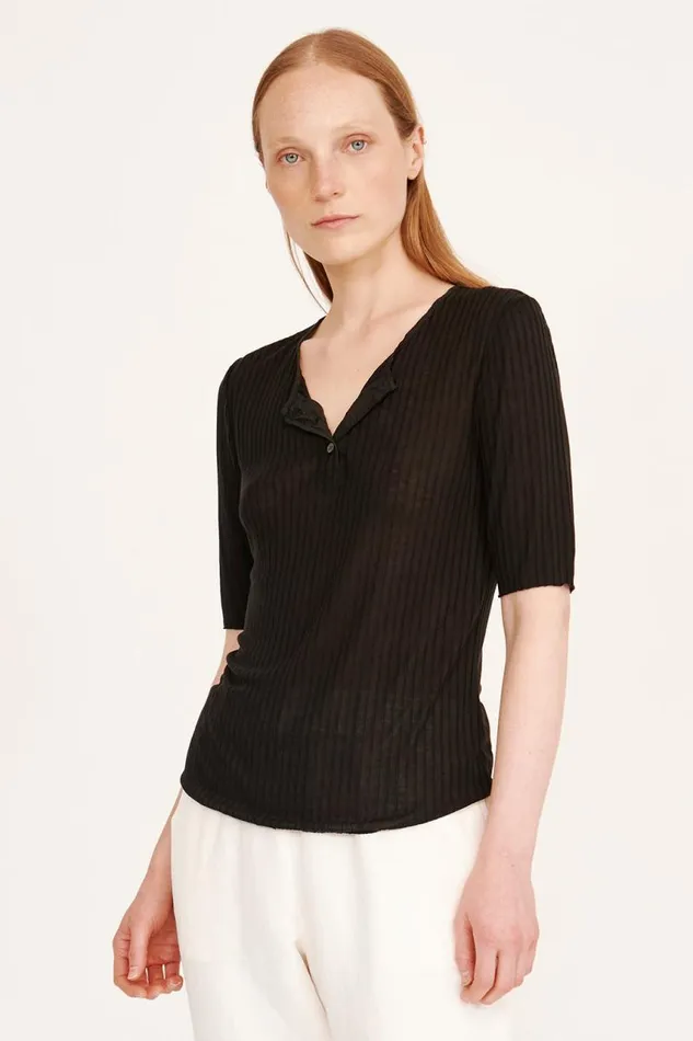 Raquel Allegra Tops Women Black Henley Zulu Top