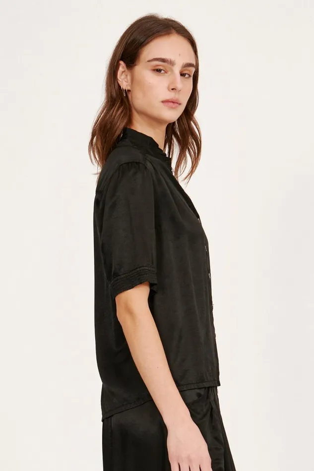 Raquel Allegra Tops Women Pebble Satin Black Victory Blouse