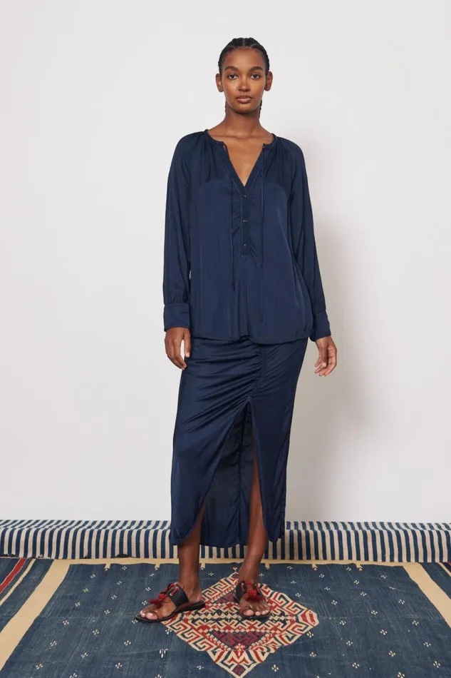 Raquel Allegra Tops Women Pebble Satin Midnight Poet Blouse