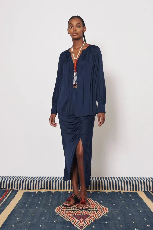 Raquel Allegra Tops Women Pebble Satin Midnight Poet Blouse