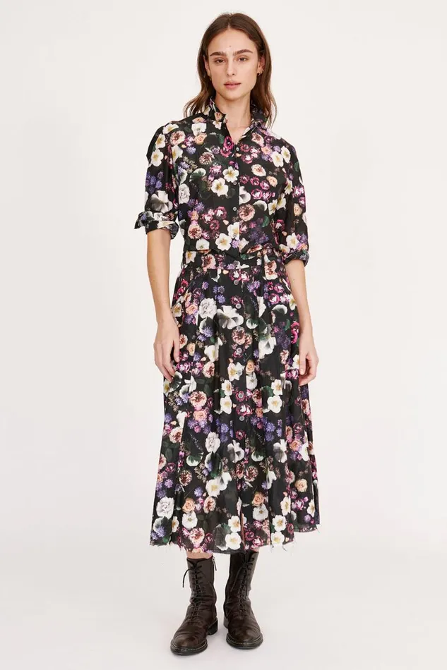 Raquel Allegra Tops Women Silk Voile Black Floral Rodeo Blouse