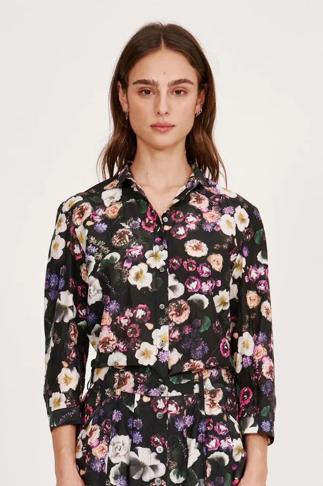 Raquel Allegra Tops Women Silk Voile Black Floral Rodeo Blouse