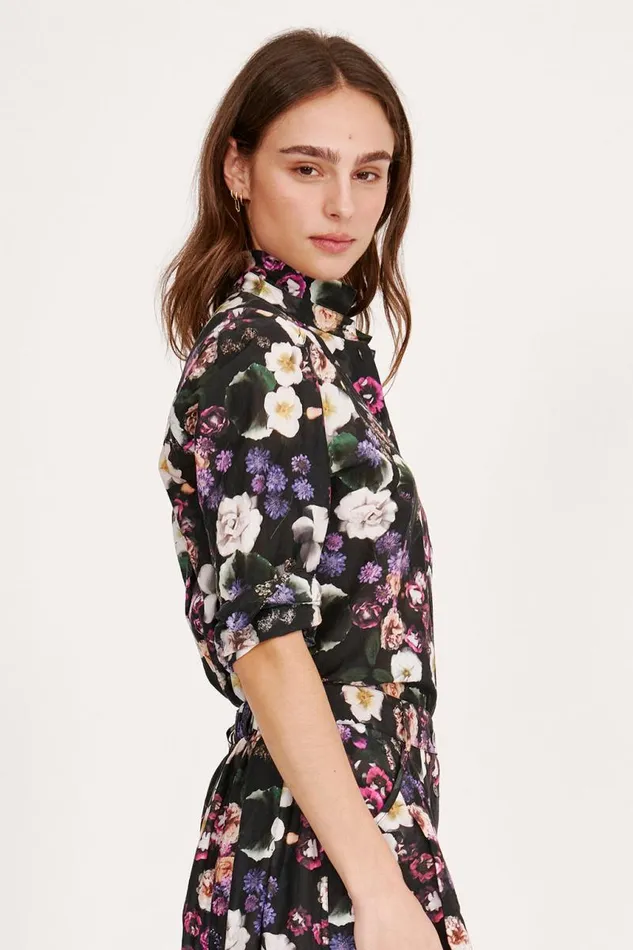 Raquel Allegra Tops Women Silk Voile Black Floral Rodeo Blouse