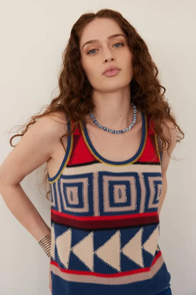 Raquel Allegra Tops Women Tribal Denim Blue And Tomato Kobo Tank